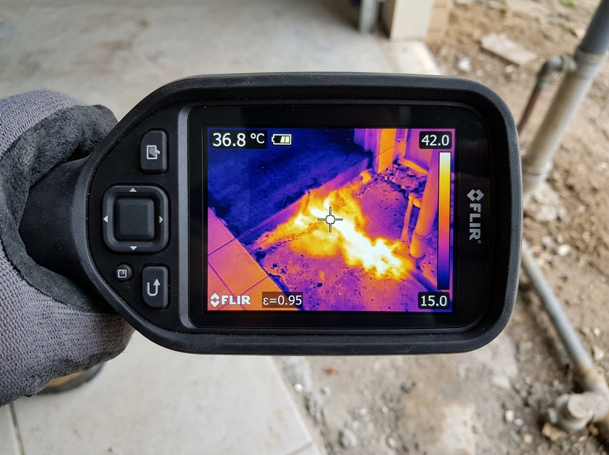 Thermal imaging scan showing warm hot water line leak under tile slab