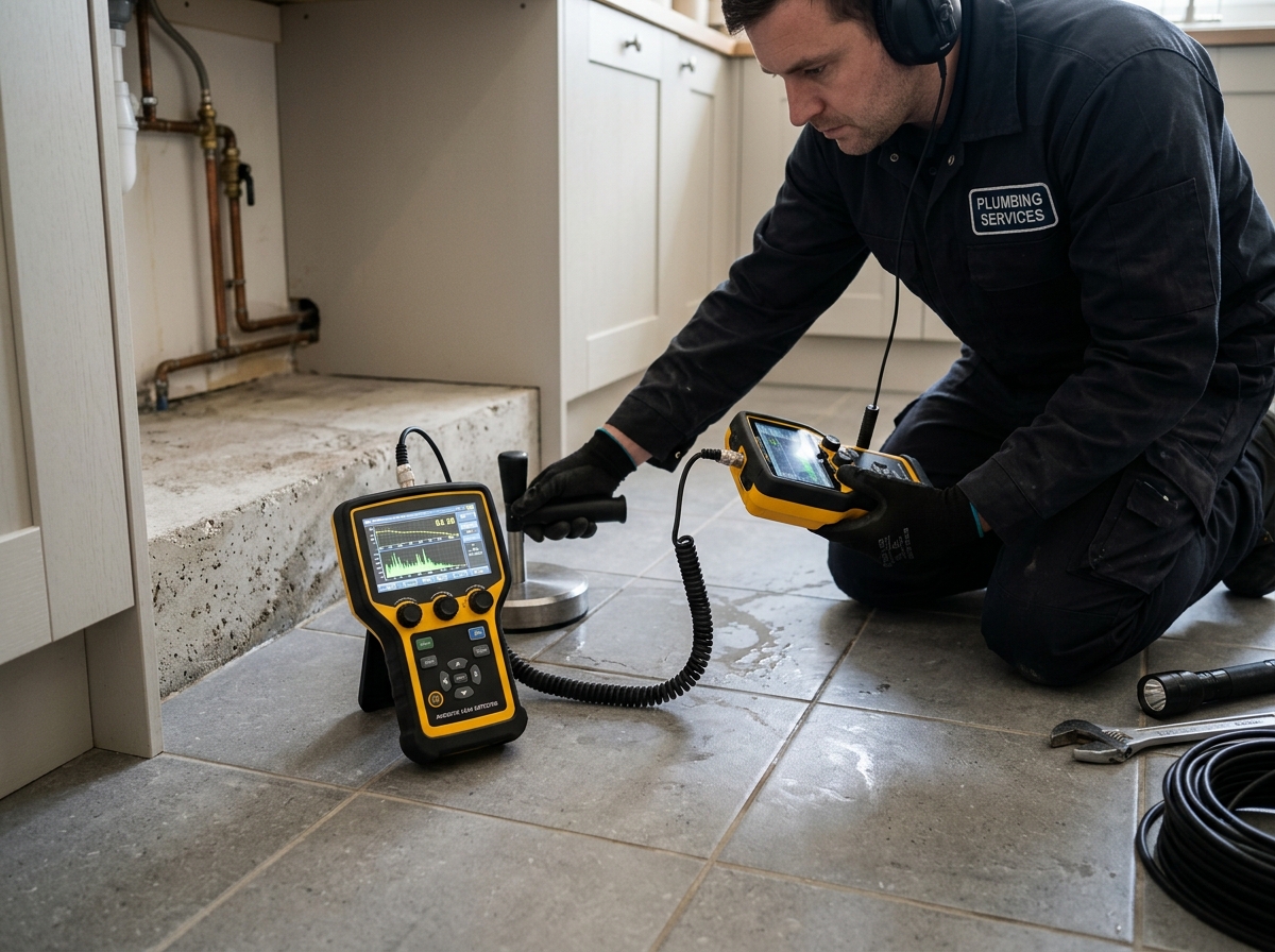 Acoustic electronic slab leak detection equipment on residential floor in Victoria TX
